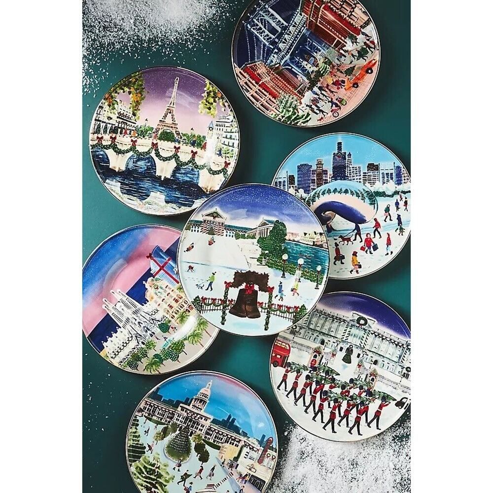 Anthropologie Holiday In The City Dessert Plate London NYC Paris Set of 3 Plates